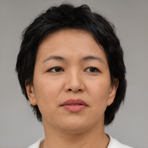 Neutral asian adult female with medium  brown hair and brown eyes