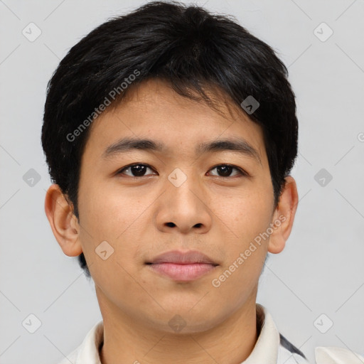 Neutral asian young-adult male with short  brown hair and brown eyes