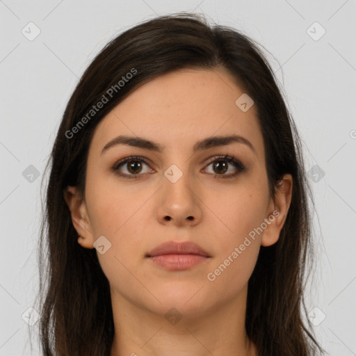 Neutral white young-adult female with long  brown hair and brown eyes