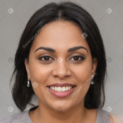 Joyful latino young-adult female with medium  brown hair and brown eyes