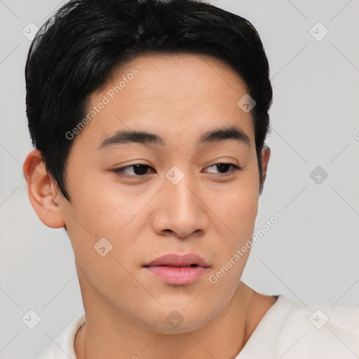 Neutral asian young-adult male with short  black hair and brown eyes