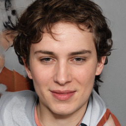 Joyful white young-adult male with medium  brown hair and brown eyes