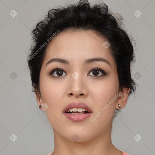 Neutral asian young-adult female with short  brown hair and brown eyes