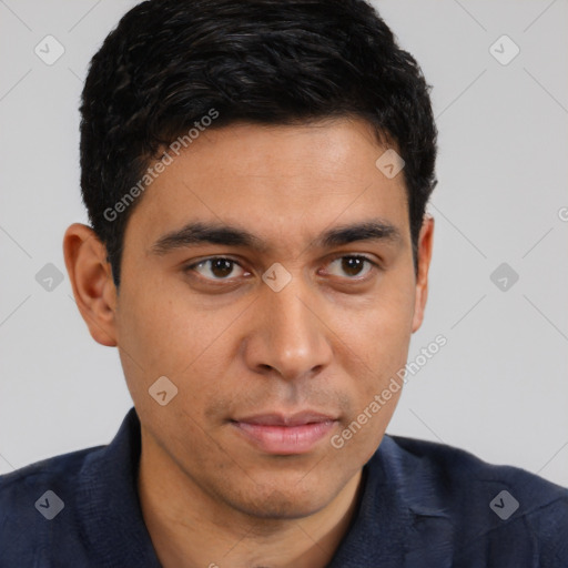 Neutral latino young-adult male with short  black hair and brown eyes