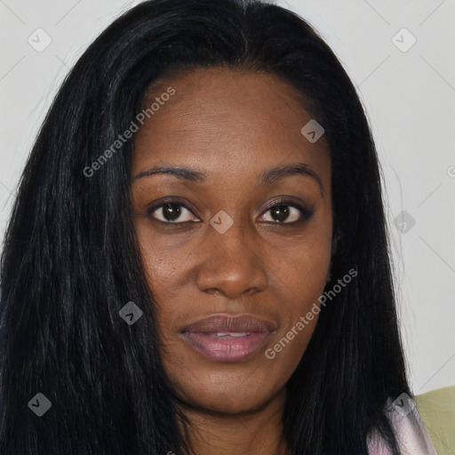 Joyful asian young-adult female with long  brown hair and brown eyes