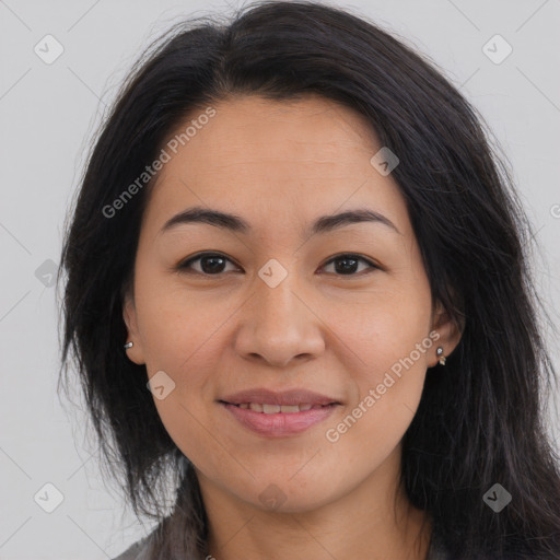 Joyful asian young-adult female with long  brown hair and brown eyes