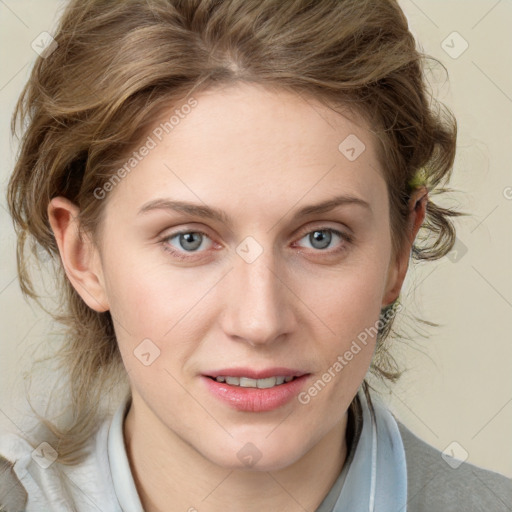 Joyful white young-adult female with medium  brown hair and blue eyes