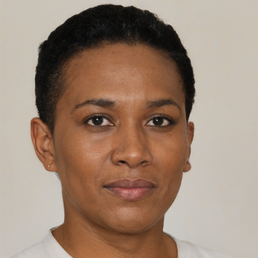 Neutral black young-adult female with short  black hair and brown eyes