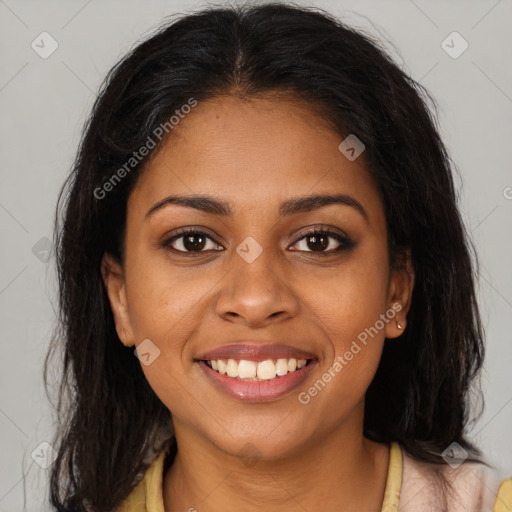 Joyful latino young-adult female with long  brown hair and brown eyes