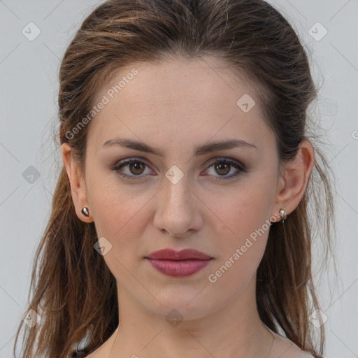 Joyful white young-adult female with medium  brown hair and grey eyes