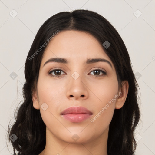 Neutral latino young-adult female with long  black hair and brown eyes