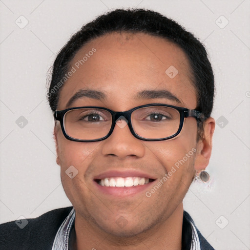 Joyful white young-adult male with short  black hair and brown eyes