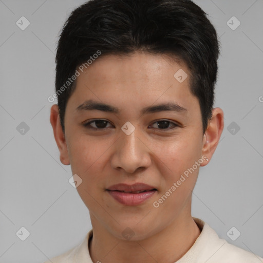 Joyful asian young-adult male with short  brown hair and brown eyes