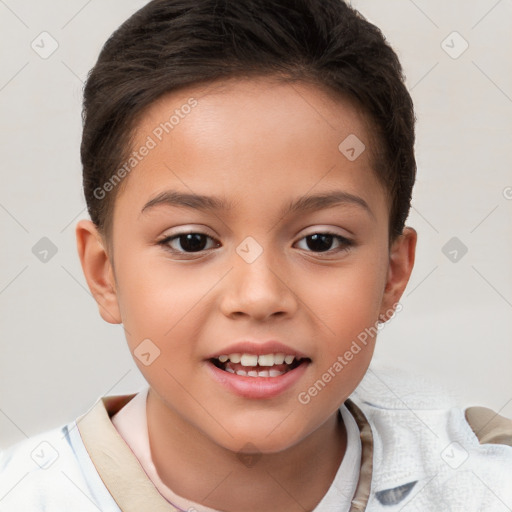 Joyful white child female with short  brown hair and brown eyes