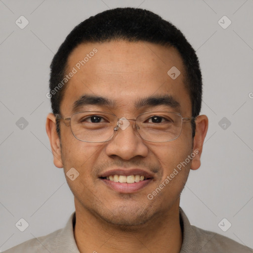 Joyful latino adult male with short  black hair and brown eyes