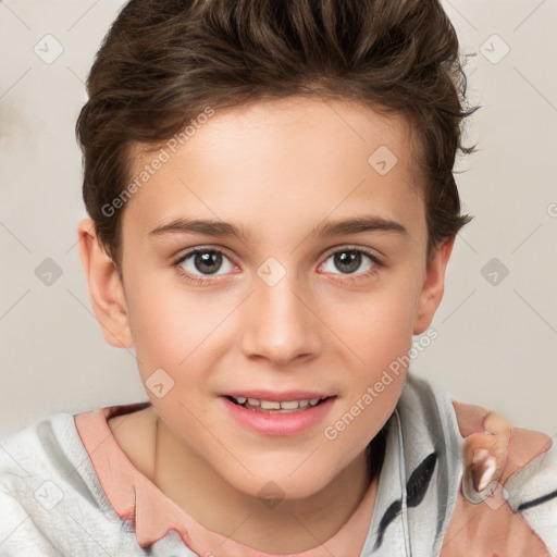 Joyful white child female with short  brown hair and brown eyes