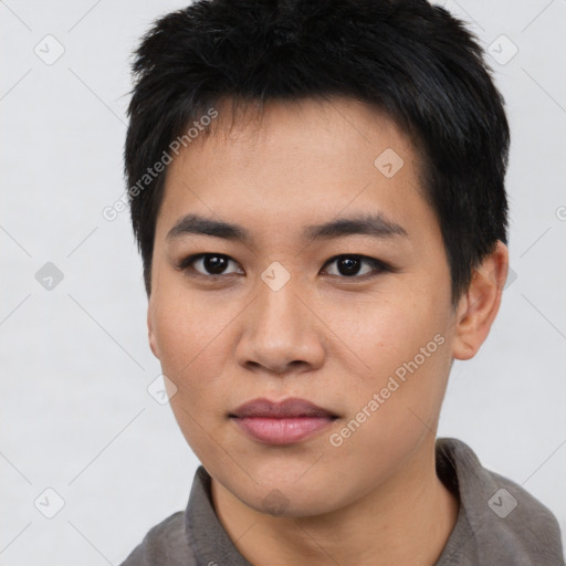 Neutral asian young-adult male with short  black hair and brown eyes