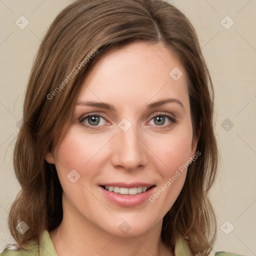 Joyful white young-adult female with medium  brown hair and green eyes