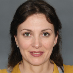 Joyful white adult female with medium  brown hair and brown eyes