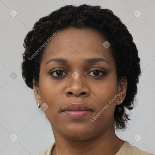 Neutral black young-adult female with short  black hair and brown eyes