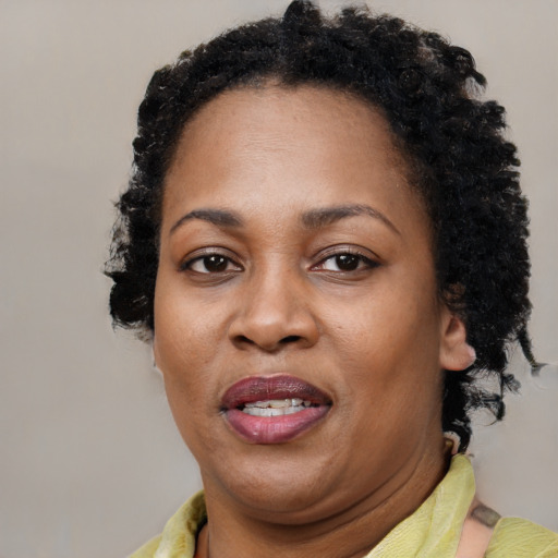 Joyful black adult female with short  brown hair and brown eyes