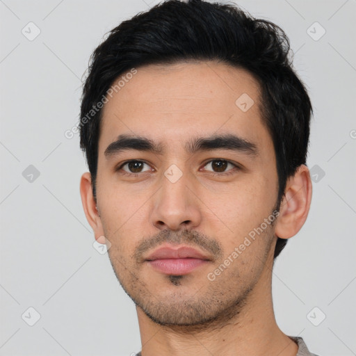 Neutral asian young-adult male with short  black hair and brown eyes