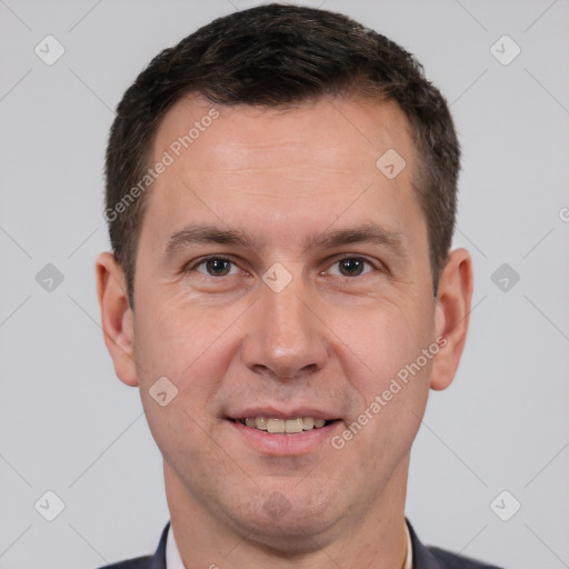 Joyful white adult male with short  brown hair and brown eyes