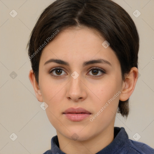 Neutral white young-adult female with medium  brown hair and brown eyes