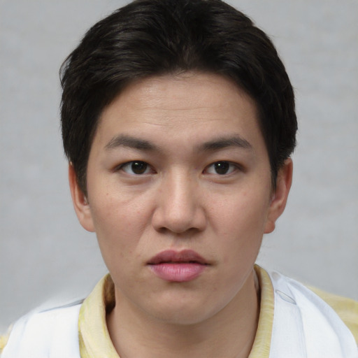 Neutral white young-adult female with short  brown hair and brown eyes