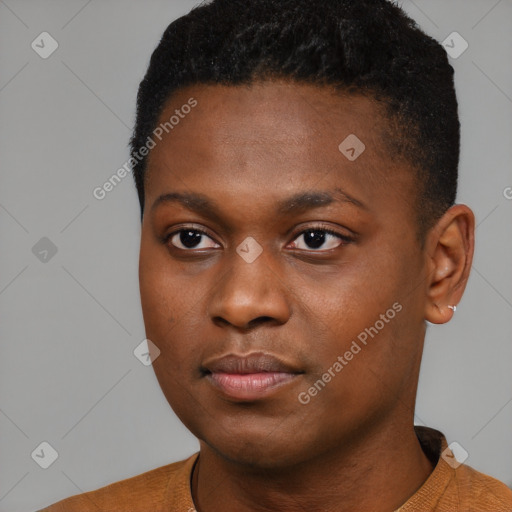 Neutral black young-adult female with short  black hair and brown eyes