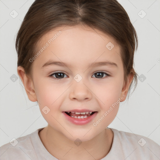 Joyful white child female with medium  brown hair and brown eyes