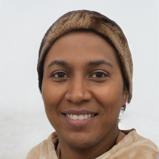 Joyful latino young-adult female with short  black hair and brown eyes