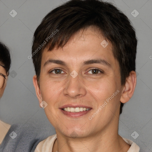 Joyful white young-adult male with short  brown hair and brown eyes