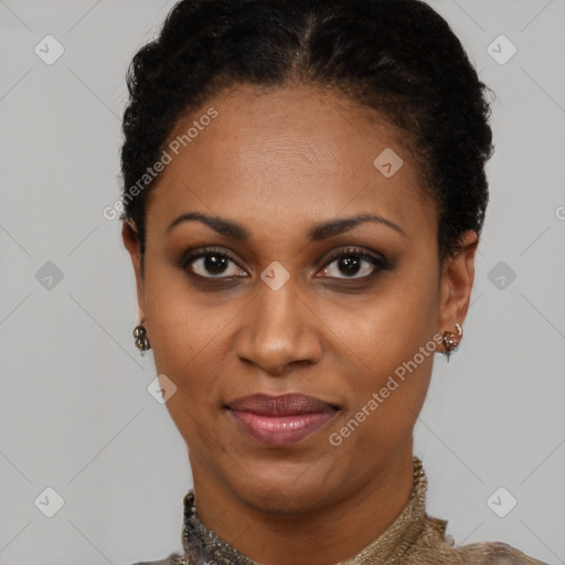 Joyful black young-adult female with short  brown hair and brown eyes