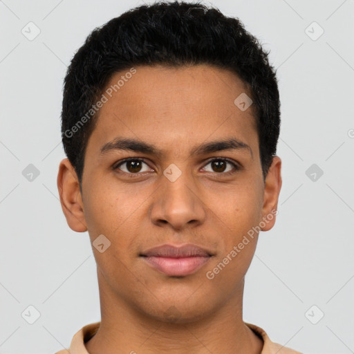 Joyful latino young-adult male with short  brown hair and brown eyes