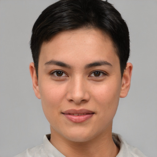 Joyful asian young-adult female with short  brown hair and brown eyes