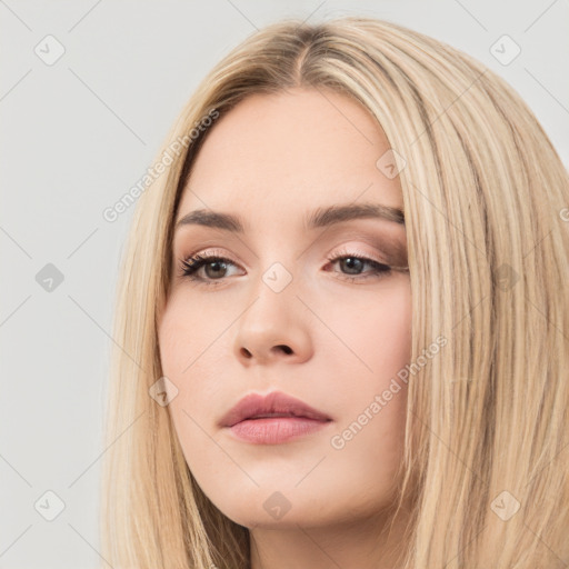 Neutral white young-adult female with long  brown hair and brown eyes