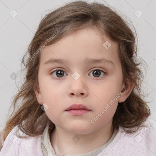 Neutral white child female with medium  brown hair and blue eyes