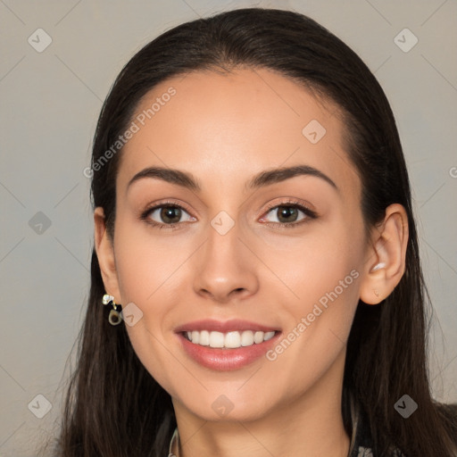 Joyful white young-adult female with long  brown hair and brown eyes