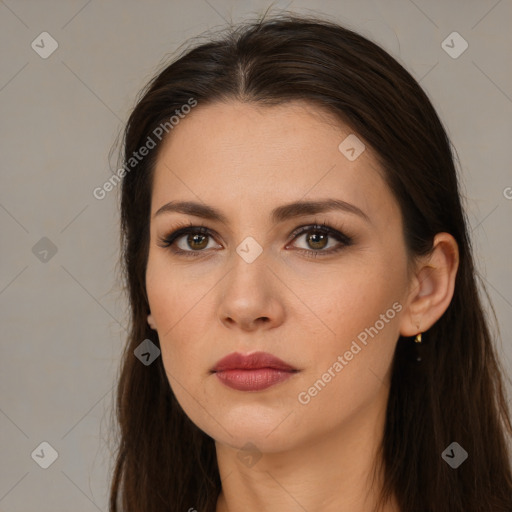 Neutral white young-adult female with long  brown hair and brown eyes