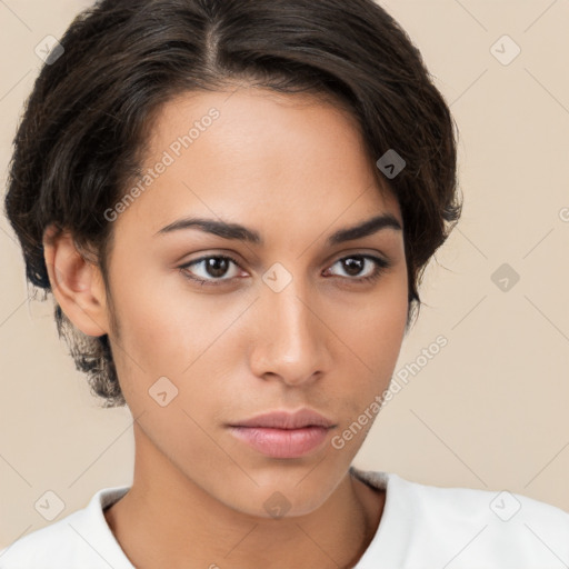 Neutral white young-adult female with short  brown hair and brown eyes