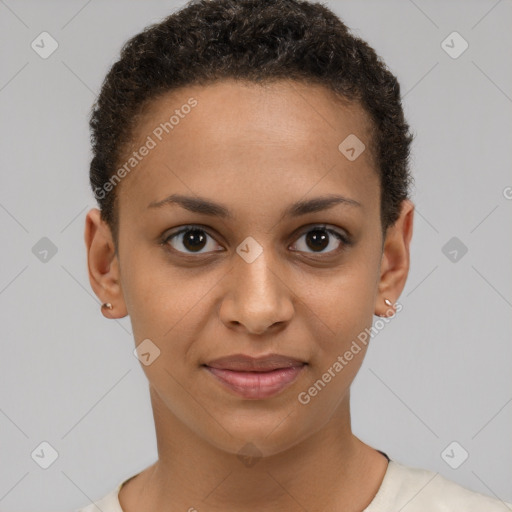 Joyful black young-adult female with short  brown hair and brown eyes