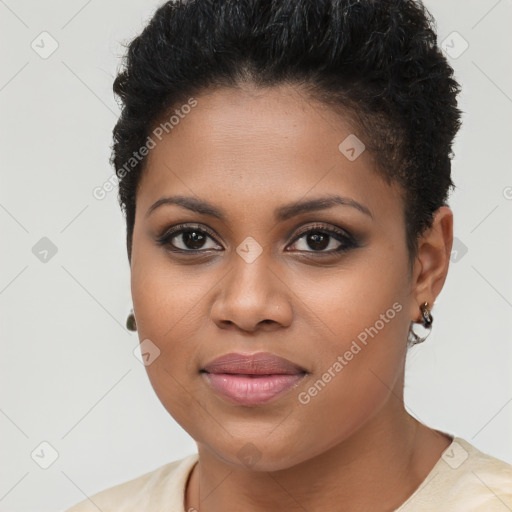 Joyful black young-adult female with short  brown hair and brown eyes