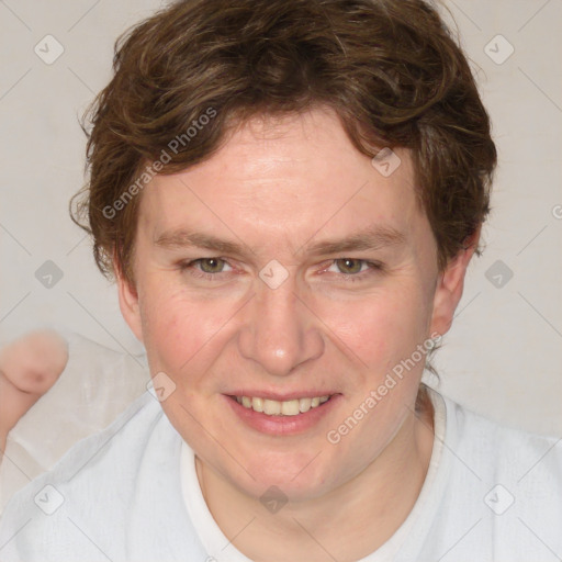 Joyful white adult female with medium  brown hair and blue eyes