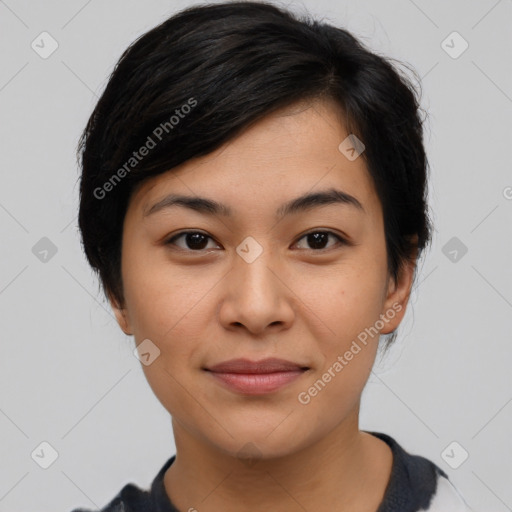 Joyful asian young-adult female with medium  black hair and brown eyes