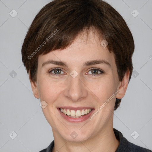 Joyful white young-adult female with medium  brown hair and grey eyes