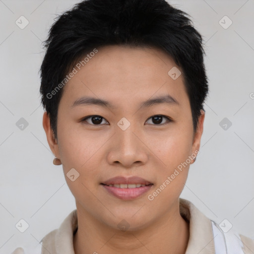 Joyful asian young-adult female with short  brown hair and brown eyes