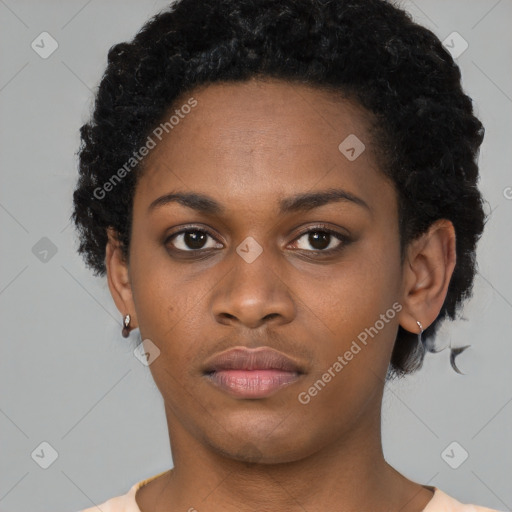 Neutral black young-adult female with short  black hair and brown eyes