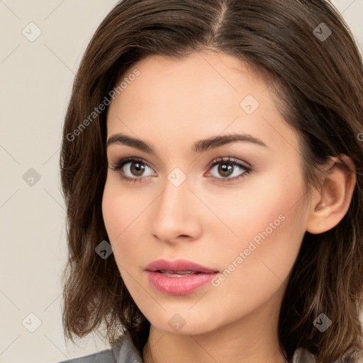 Neutral white young-adult female with long  brown hair and brown eyes