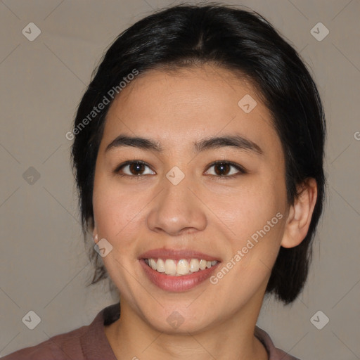 Joyful white young-adult female with medium  brown hair and brown eyes